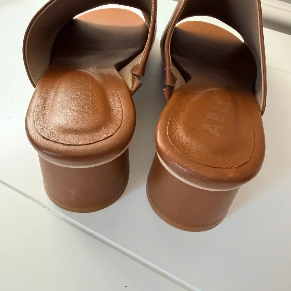 Able Renee round heel Women's Tan Leather Slide Mule - Classic Open-Toe Heel - Picture 9 of 13